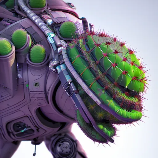 Image similar to Close-up shot.3d hard surface design, octane rendered, robotic bionic Technical, robotic Cactus design, hardops, box cutter, artstation trending, wow, 8k, in style of Moebius, Android Jones