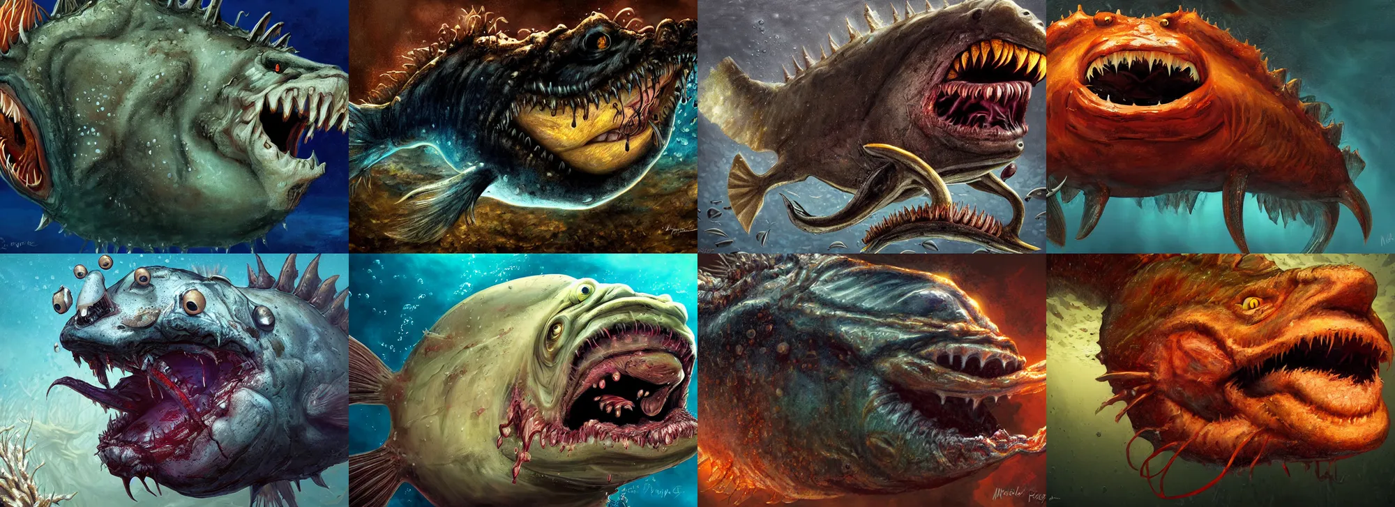Prompt: a monstrous mutant anglerfish with mouth wide open, underwater, by neville page, ( ( ( horror art ) ) ), close up, wide angle, dramatic lighting, highly detailed digital painting