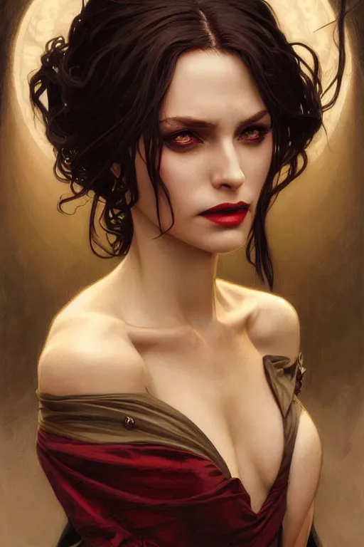 Image similar to portrait of a queen vampire, dark, piercing eyes, gentle expression, elegant clothing, photorealistic, highly detailed, artstation, smooth, sharp focus, art by michael whelan, artgerm, greg rutkowski and alphonse mucha