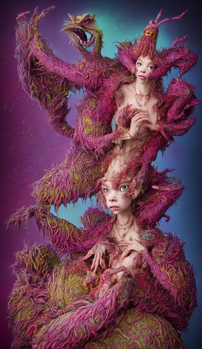 Prompt: hyper detailed 3d render like a Oil painting - kawaii portrait of surprised Aurora (a beautiful skeksis muppet fae queen from dark crystal that looks like Anya Taylor-Joy) seen red carpet photoshoot in UVIVF posing in scaly dress to Eat of the Strangling network of yellowcake aerochrome and milky Fruit and His delicate Hands hold of gossamer polyp blossoms bring iridescent fungal flowers whose spores black the foolish stars by Jacek Yerka, Ilya Kuvshinov, Mariusz Lewandowski, Houdini algorithmic generative render, Abstract brush strokes, Masterpiece, Edward Hopper and James Gilleard, Zdzislaw Beksinski, Mark Ryden, Wolfgang Lettl, hints of Yayoi Kasuma and Dr. Seuss, octane render, 8k