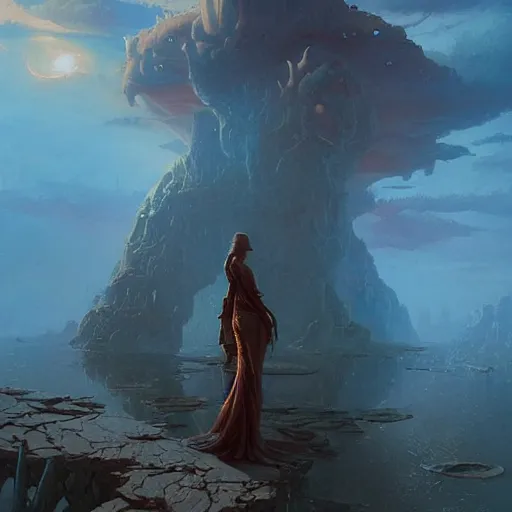 Prompt: fantasy painting with a woman in a surreal environment by Greg Rutkowski and Michael Whelan w 1024