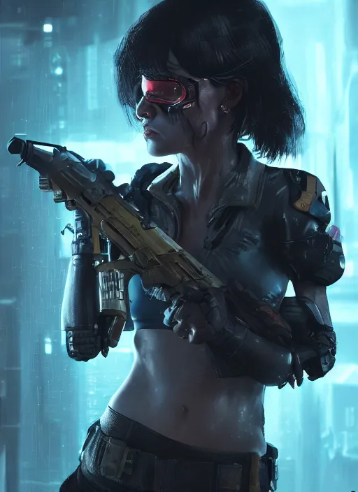 Image similar to a woman holding a gun in a dark room, cyberpunk art by eddie mendoza, cgsociety contest winner, shock art, playstation 5 screenshot, redshift, greeble