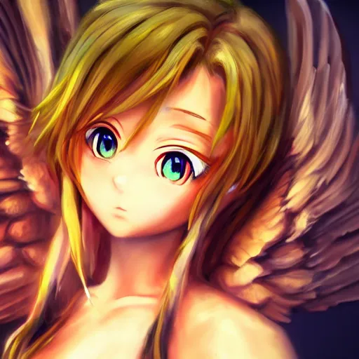 Image similar to an oil painting of an anime girl with angel wings, hd, hdr, ue 5, ue 6, unreal engine 5, cinematic 4 k wallpaper, 8 k, ultra detailed, high resolution, artstation, award winning