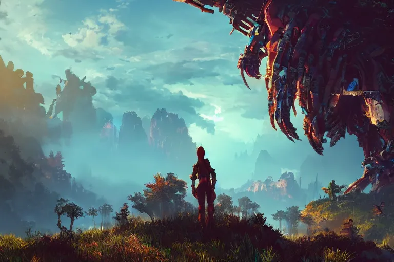 Image similar to watcher machine creature robot of horizon forbidden west horizon zero dawn radiating a glowing aura global illumination ray tracing hdr fanart arstation by ian pesty and alena aenami artworks in 4 k