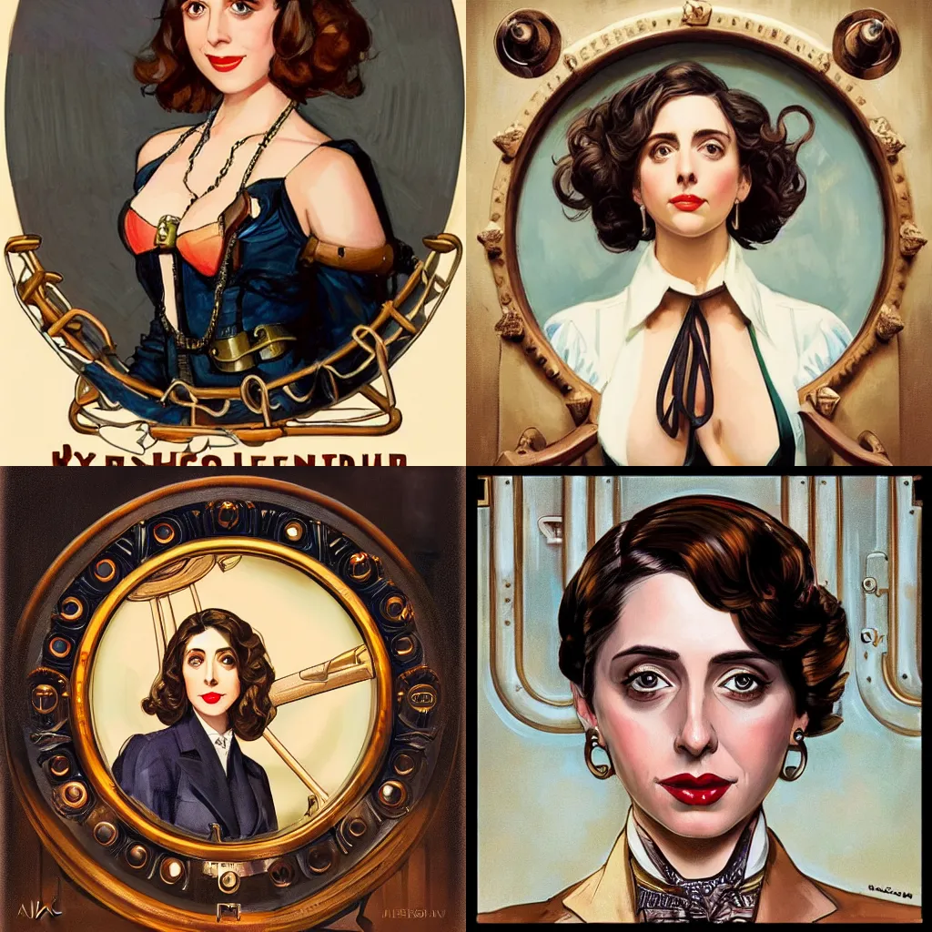 Prompt: in the style of J. C. Leyendecker::1 steampunk Alison Brie working on a machine::3 symmetrical face symmetrical eyes perfect face::2 sunrise beautiful day::6 diffuse lighting::1