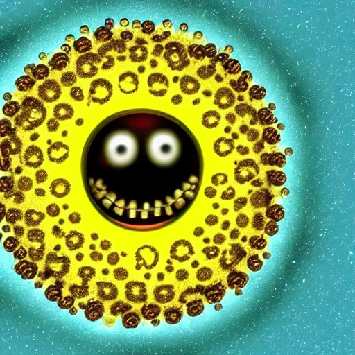 Prompt: picture by a microscope of a virus with a smiley