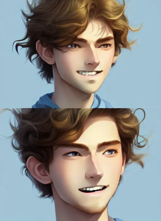 Image similar to young man with medium - length, curly, golden hair, perfectly proportioned face, aquamarine eyes, thin eyebrows, sweet smile, natural lighting, path traced, highly detailed, high quality, cartoon, digital painting, by new haicheng and studio ghibli