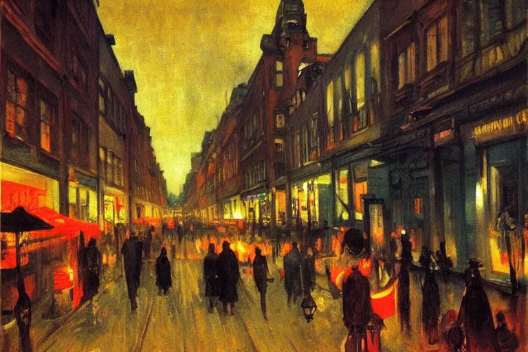 Image similar to dream festival in a city, low angle view from a city street lined with shops and apartments, glowing street signs, revelers playing games and shopping at a night market, oil painting by edvard munch, beksinski, chiaroscuro, baroque