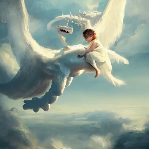 Image similar to a whimsical portrait of a little baby angel on a cute white dragon floating in the sky by Greg Rutkowski, ultra realistic, photorealistic 8k, cinematic lighting, HD, high detail, atmospheric, trending on artstation