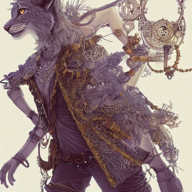 Image similar to the portrait of anthropomorphic lynx fursona wearing a steampunk dress as unimaginably beautiful, gorgeous, elegant, young lynx, an ultrafine hyperdetailed illustration by kim jung gi, irakli nadar, intricate linework, bright colors, octopath traveler, final fantasy, unreal engine 5 highly rendered, global illumination, radiant light, detailed and intricate environment