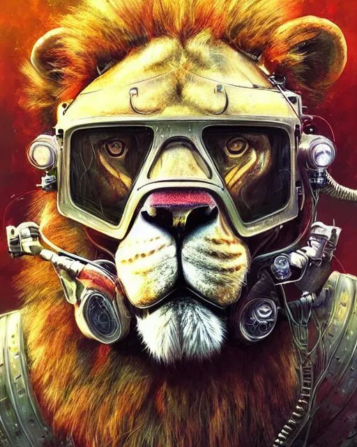 Prompt: a lion wearing a helmet with goggles on its head, cyberpunk art by Android Jones, cgsociety, retrofuturism, steampunk, dystopian art, sci-fi