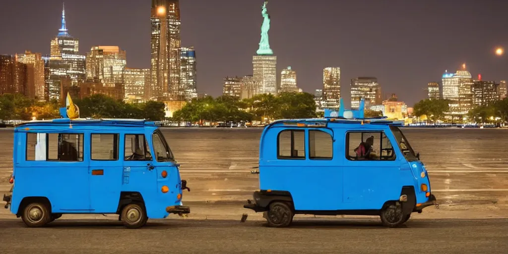 Image similar to a lonely blue tuk tuk with the statue of liberty in the background, night