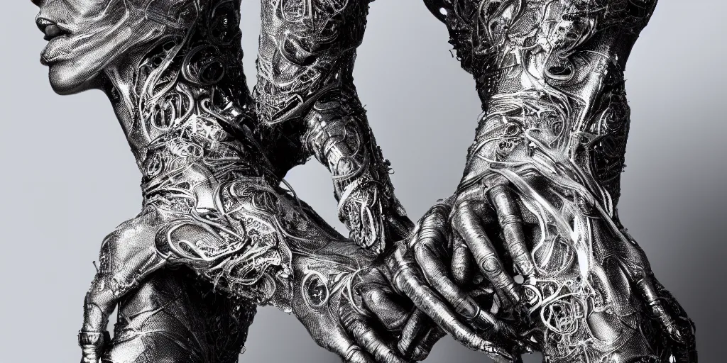 Prompt: hyper realistic photography of a beautiful cyborg androgynous humanoid, holding close, holding hands, chrome finish intricate filigree, in the style of beth cavener, jin kagetsu, wlop, highly detailed, symmetry, masterpiece, concept art, ringflash, highkey lighting, ambient lighting, octane render, 8 k, artstation