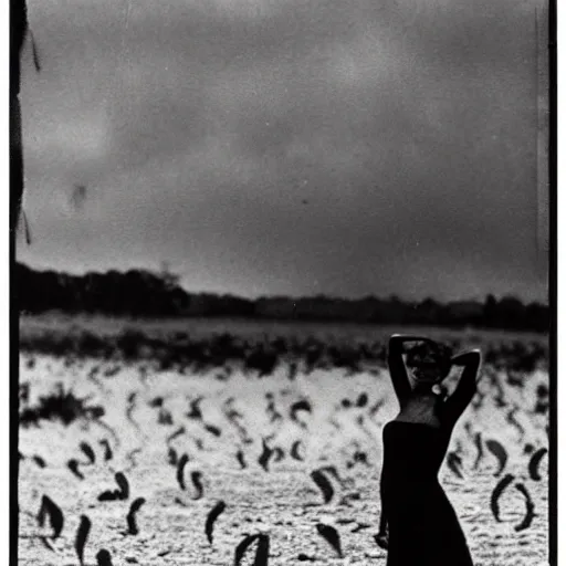 Prompt: art deco by hein gorny turbulent. a body art of a woman standing in a field of ashes, her dress billowing in the wind. her hair is wild & her eyes are closed, in a trance - like state. dark & atmospheric, ashes seem to be alive, swirling around.