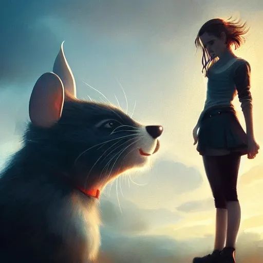 Prompt: emma watson standing in front of a giant mouse, digital art by greg rutkowski, artstation, but as photography