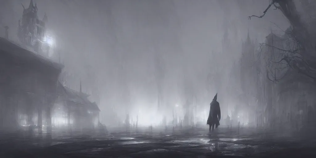 Image similar to fantasy depiction of the realm of shadows shrouded by mist trails, low saturation, high contrast, mostly greyscale, eerie disturbing lighting, in the style of marcin rubinkowski, greg rutkowski, lorenzo lanfranconi, oleg zherebin, trending on artstation