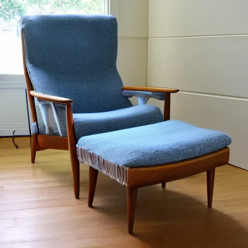 Image similar to a soft comfortable long chair, birch wood, tall, mid century modern, with an antique blue cotton ottoman