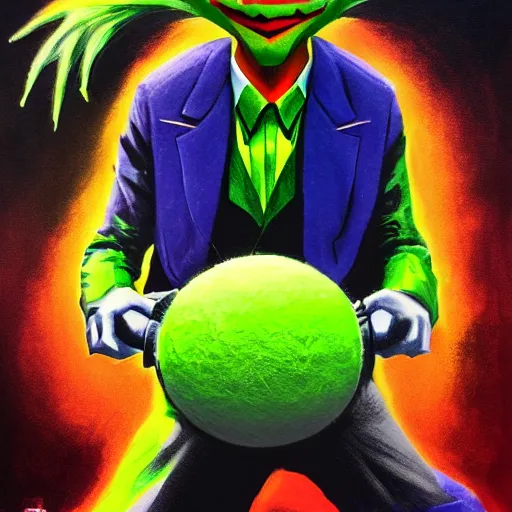 Image similar to a tennis ball monster ,tennis ball, the joker, chalk, digital art, fantasy, magic, trending on artstation, ultra detailed, professional illustration by Basil Gogos