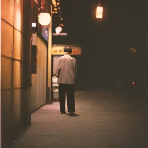 Image similar to old man in tokyo at night, wearing gold chain, gold rings, cinestill 8 0 0,