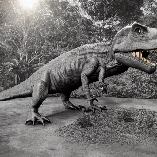 Image similar to vintage photograph of a real dinosaur at the san diego zoo, high definition, slr, photo realism, golden hour, detailed skin, 4 k