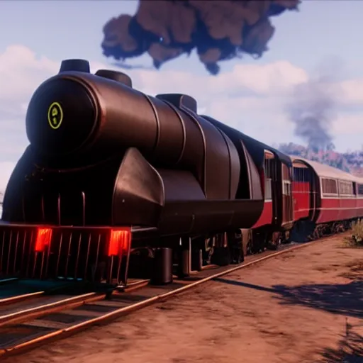 Image similar to futuristic sleek steam locomotive in red dead redemption 2