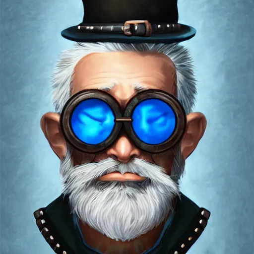 Image similar to a front-facing portrait of an old man with a grey beard and blue hair wearing steampunk goggles, dungeons and dragons character art, highly-detailed illustration, Artstation
