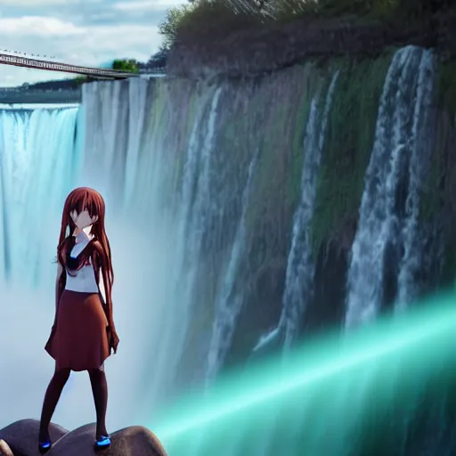 Prompt: render as a very beautiful 3d anime girl, hot petite, long braided hair, hazel eyes, full round face, short smile, cinematic lightning, river with niagara falls in background unfocused, medium shot, mid-shot, highly detailed, trending on Artstation, Unreal Engine 4k, cinematic wallpaper