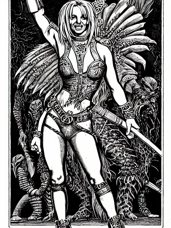 Image similar to britney spears as a d & d monster, full body, pen - and - ink illustration, etching, by russ nicholson, david a trampier, larry elmore, 1 9 8 1, hq scan, intricate details, inside stylized border