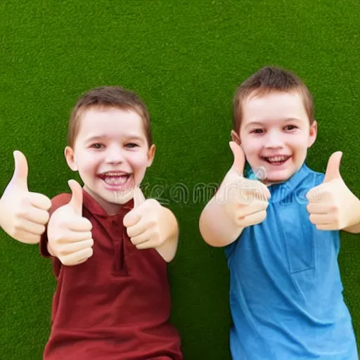 Image similar to twins making a thumbs up and smiling, photorealistic, stock photo