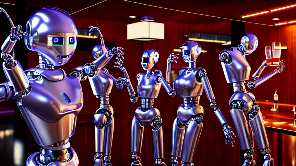Image similar to robots drinking alcohol, inside a bar, chrome reflection, hyper-realistic, extreme detail, sharp photo, beautiful, cinematic 4K, by Sorayama