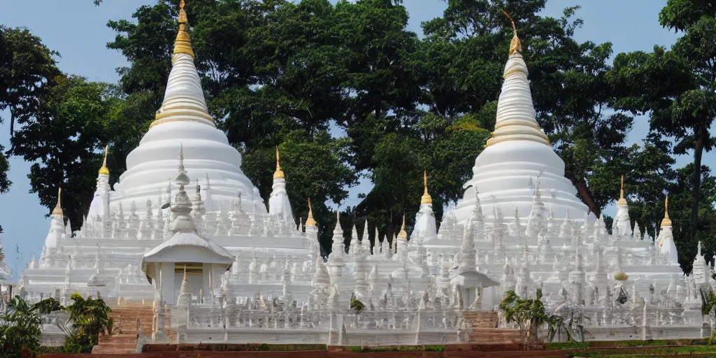 Prompt: sri lankan temple with white stupa, drawn by hayao miyazaki