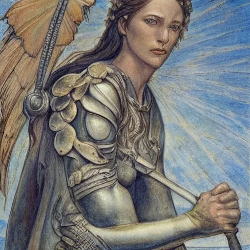 Prompt: most beautiful jeanne d'arc in the style of william blake, terese nielsen, detailed, intricate, beautiful faces, porta magna, called by the grave, steve argyle, loss of sanity, ecclesial wolf's den pastoral fantastic reality