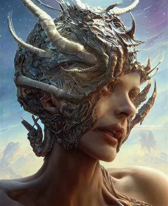 Image similar to portrait of a shining predatory insect alien monster, muscles, rippling, milky way environment, ultra realistic, concept art, intricate details, eerie, highly detailed, photorealistic, octane render, 8 k, unreal engine. art by artgerm and greg rutkowski and alphonse mucha