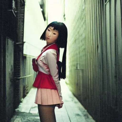 Image similar to 2000s perfect 8K HD professional photo of close-up japanese schoolgirl posing in sci-fi dystopian alleyway, at instagram, Behance, Adobe Lightroom, with instagram filters, depth of field, taken with polaroid kodak portra