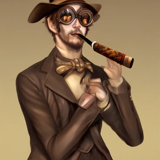 Prompt: ! steampunk!!! satyr!!, side profile portrait, three horns, goggles, smoking a cigar, auburn, digital painting by hiroshi yoshida, trending on artstation