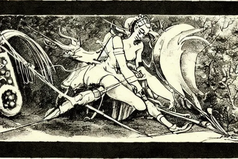 Prompt: Vintage, beautiful, sketch of the goddess artemis aiming a bow at a robot deer.