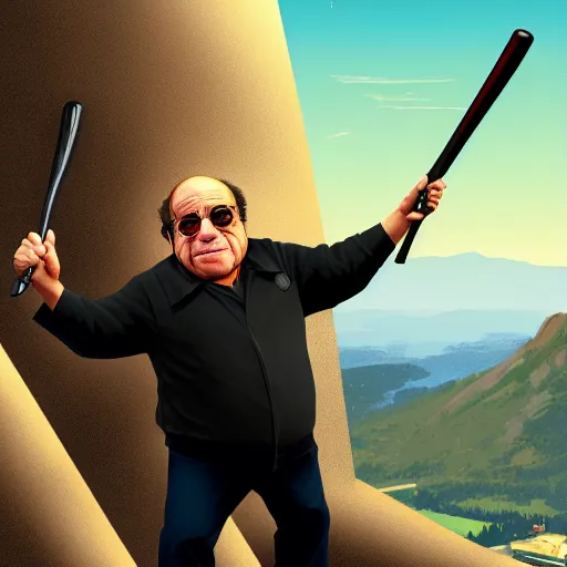 Image similar to Danny Devito at the top of a mountain, scenic view, holding a baseball bat!!, digital art, gta 5 cover art, trending on artstation