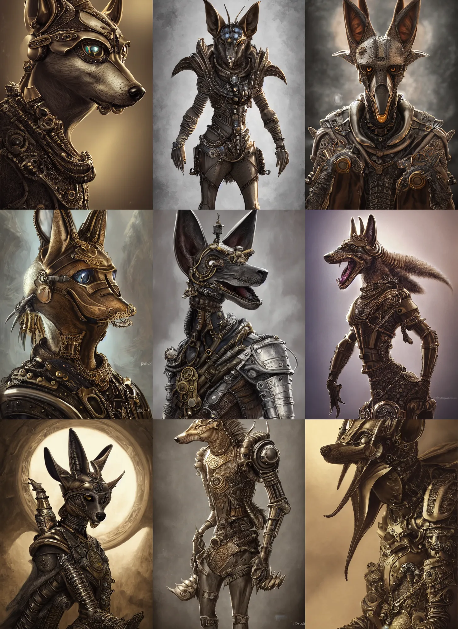 Prompt: anthropomorphic jackal wearing steampunk armor, beautiful natural rim light, intricate, fantasy, anubis, elegant, hyper realistic, photo realistic, ultra detailed, concept art, octane render, beautiful natural soft rim light, silver details, elegant, ultra detailed, dustin panzino, giger, mucha