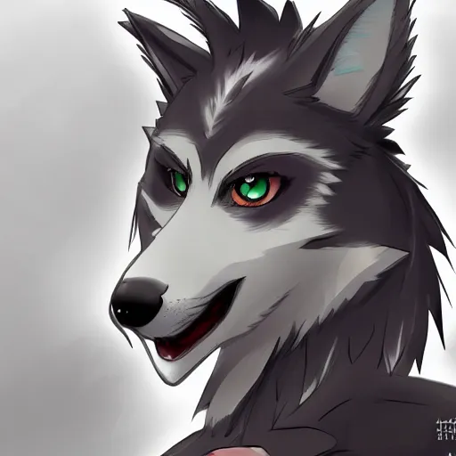 Image similar to key anime visual portrait of an anthropomorphic male wolf furry fursona in tribal clothing, handsome eyes, trending on artstation, furaffinity