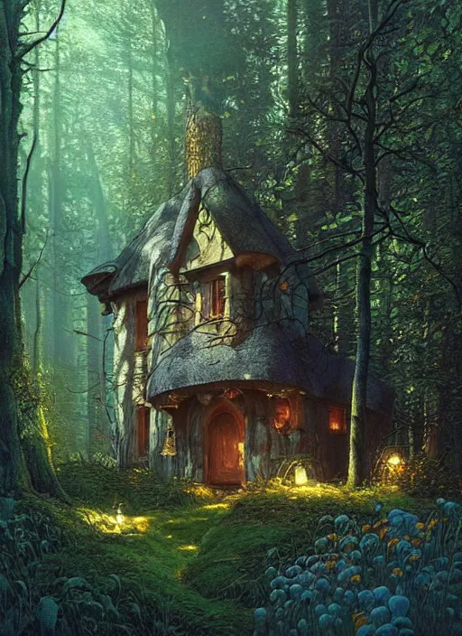 Image similar to hyper realistic witch cottage with mood lighting and technology in the woods gorgeous lighting, sunbeams blue sky, highly detailed, lush forest foliage painting by zdzisław beksinski and norman rockwell and greg rutkowski weta studio, and lucasfilm