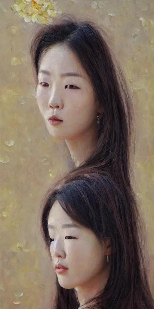 Image similar to beautiful highly detailed and expressive oil painting of a korean woman's face dissolving into petals, masterpiece, dynamic lighting,