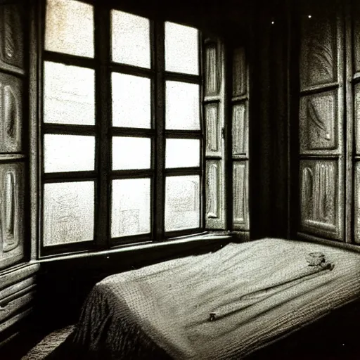 Image similar to very wide angle photograph of a cozy bedroom with a huge window designed by hr giger
