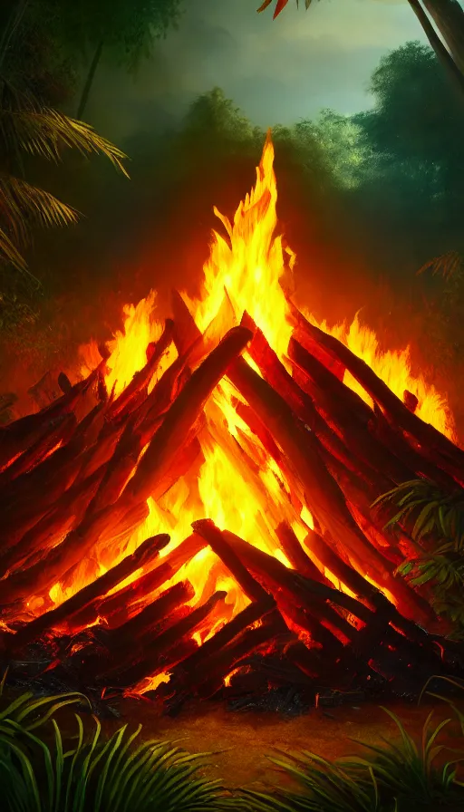 Prompt: highly detailed photo of bonfire in jungle, hyper realistic, art by greg rutsowski, concept art, 8 k detail post - processing