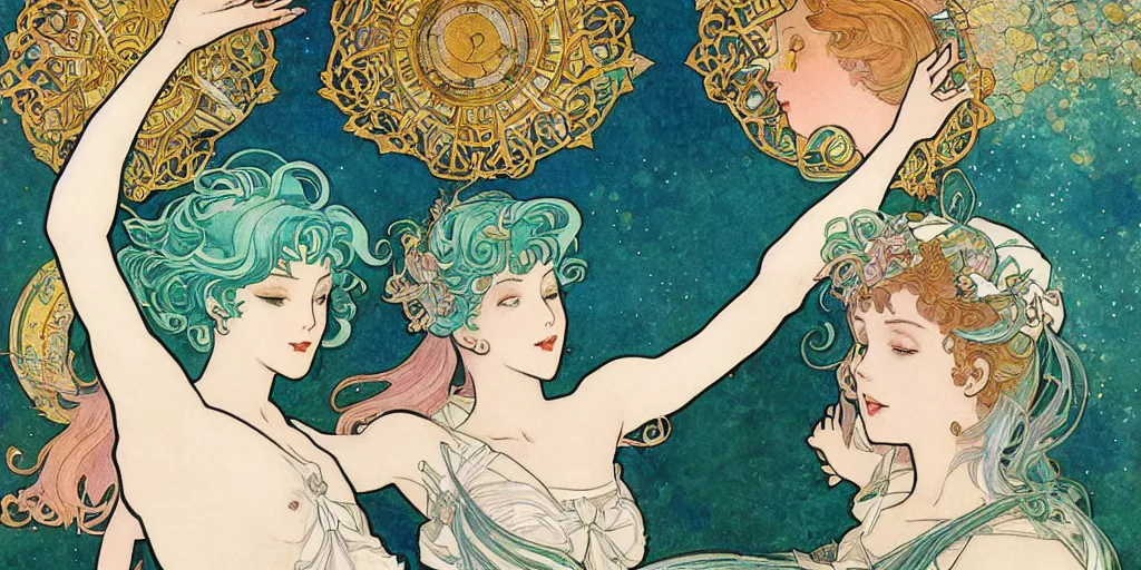 Image similar to a fresco of sailor neptune and sailor uranus dancing. beautiful, realistic painting by mucha and kuvshinov and bilibin. watercolor, thick lining, manga