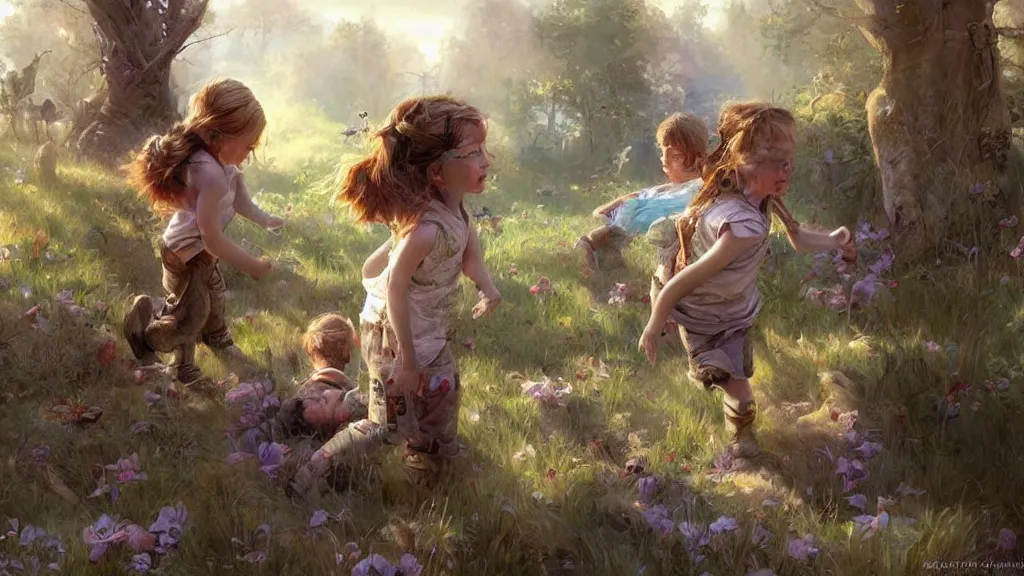 Prompt: a beautiful painting of children lost inside their imaginations, lovely, concept art, detailed, artstation, 4k, james gurney