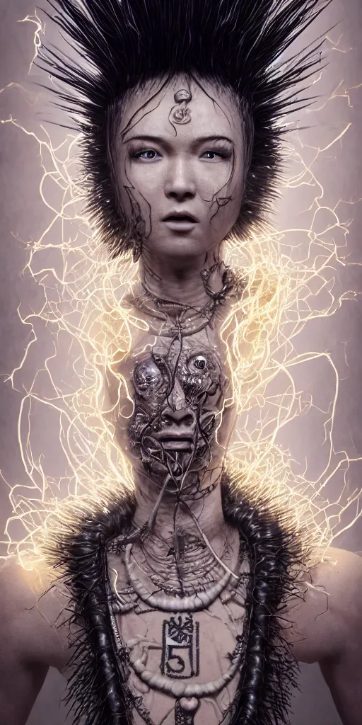 Image similar to centered full body and head , spiked black hair character design of realistic asian Sumerian Death Goddess ivory skin runic icons + mystical symbols, with small bleached bones covering vest and flowing electricity and smoke , fantasy, intricate, elegant, highly detailed , peter mordenbacher,Mike Winkelmann, ultra realistic, intricate, epic lighting, 8k , unreal engine 5, ultraviolet colors