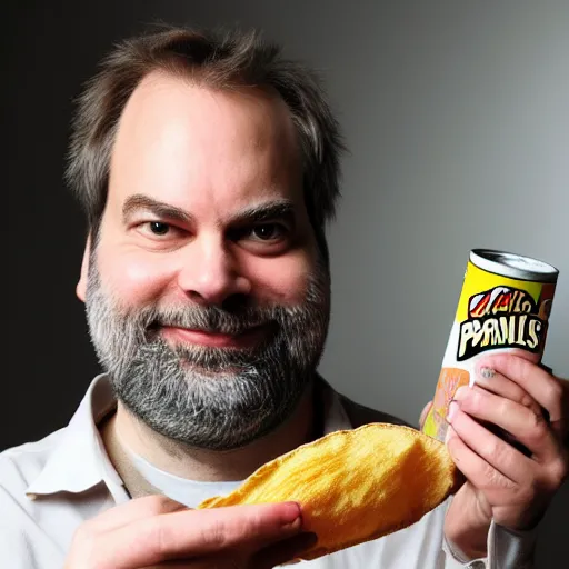 Prompt: Dan Harmon holding a Pringles can