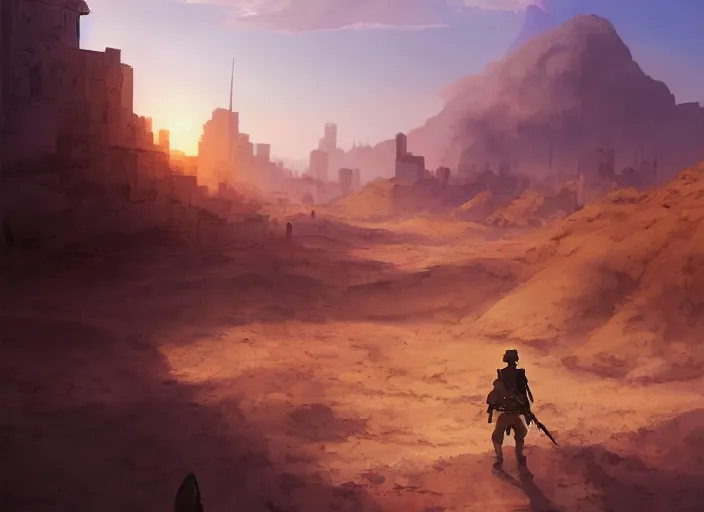 Prompt: matte painting, background studio ghibli, soldier roaming through desert with city in the skyline, two suns, purple orange colors, sharp focus, illustration, highly detailed, digital painting, concept art, matte, art by wlop and artgerm and greg rutkowski, masterpiece