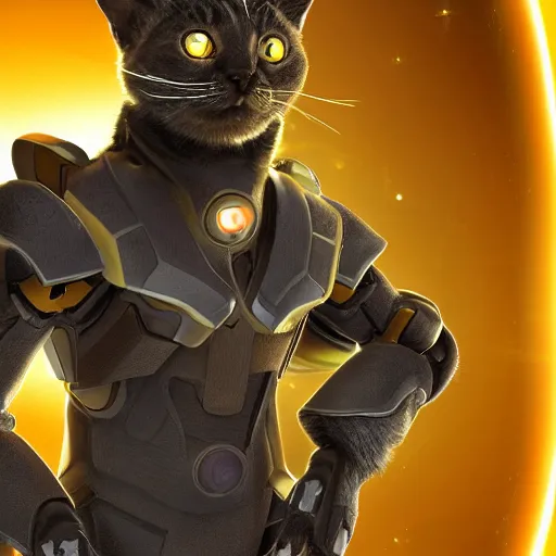 Image similar to humanoid with cat-like features in futuristic space armor with force fields, yellow eyes, teeth that protrude past the lower lip and fine grayish fur on their faces and backs of their hands and carrying weapons, octane,