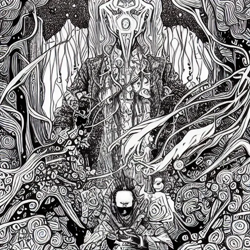 Image similar to a coloring page of a weird dream by James Jean and Dan Mumford and Strongstufftom and Adi Granov